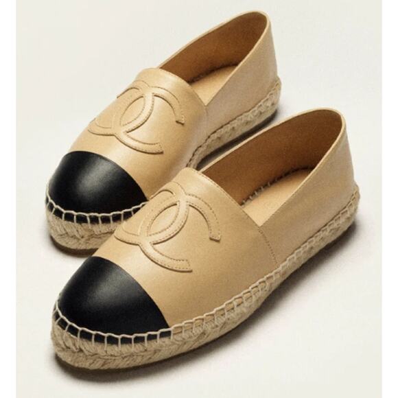 Chanel Lambskin Leather Cap Toe Espadrilles Loafer Flat Beige/Black Women's 37 - Picture 1 of 12